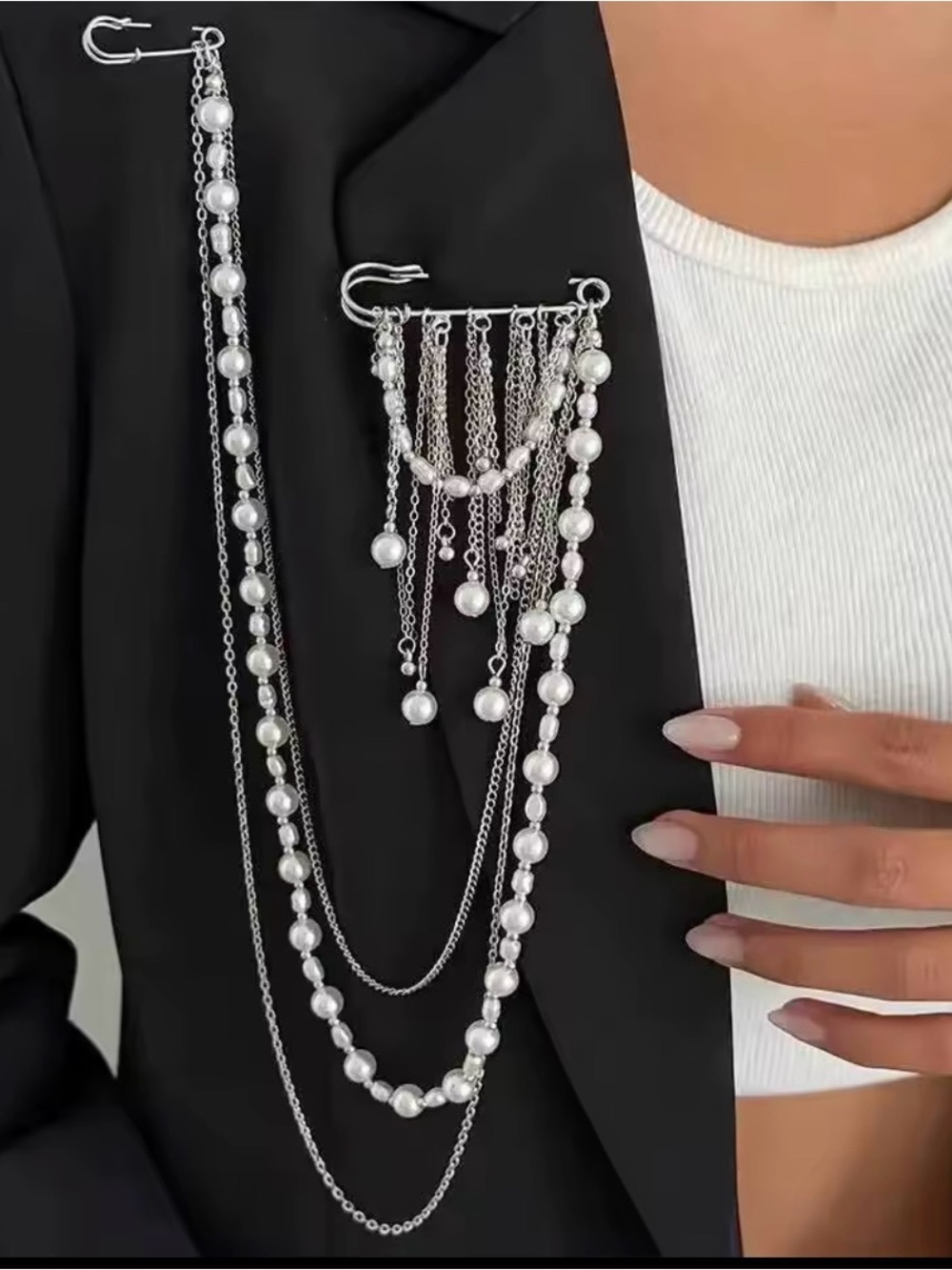 Silver Faux Pearl Multi-Chain Brooch